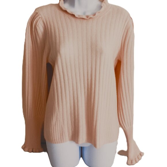 The Cashmere Project Pink Ribbed Crewneck Sweater Ruffle Trim Women's Size M NWT - Picture 2 of 16
